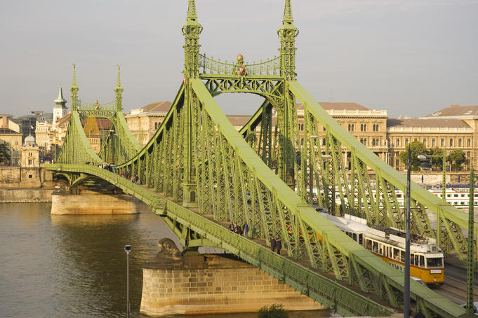 Independence Bridge, with tramway, spanning the Danube River.