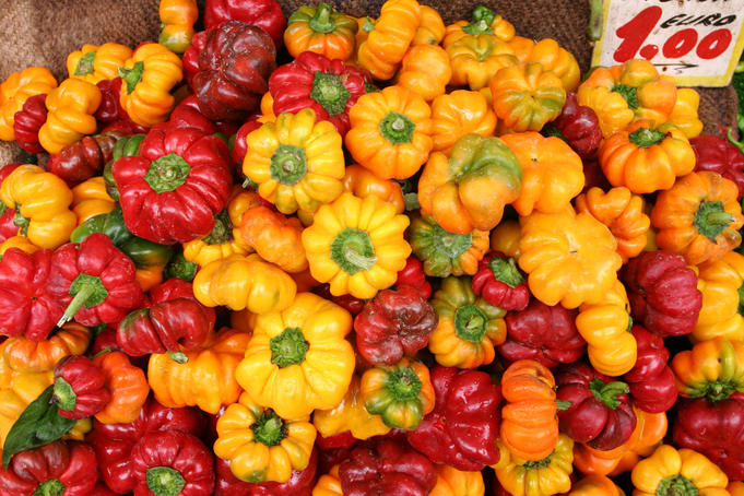 Capsicums for sale at market, Mercato di Antignano.