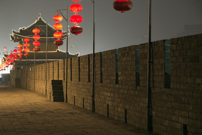City Wall of Xi'an decorated with red lanterns.