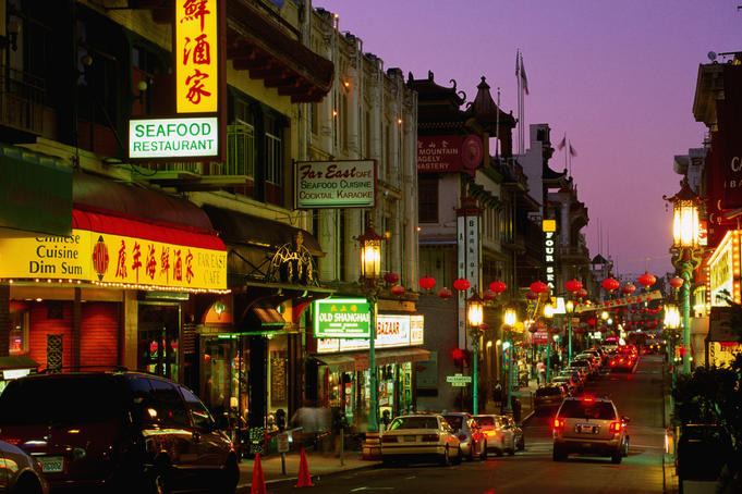 Looking along Grant Avenue, Chinatown, at dusk.