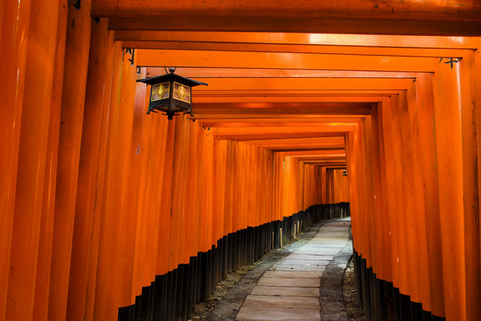 Tori tunnels at the 8th-century Fushimi-Inari-Taisha shrine, Southern Kyoto.