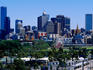 Melbourne Park tennis courts, Birrarung Marr & city skyline.