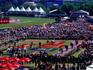 Horses parading in mounting yard at Flemington Race Course.