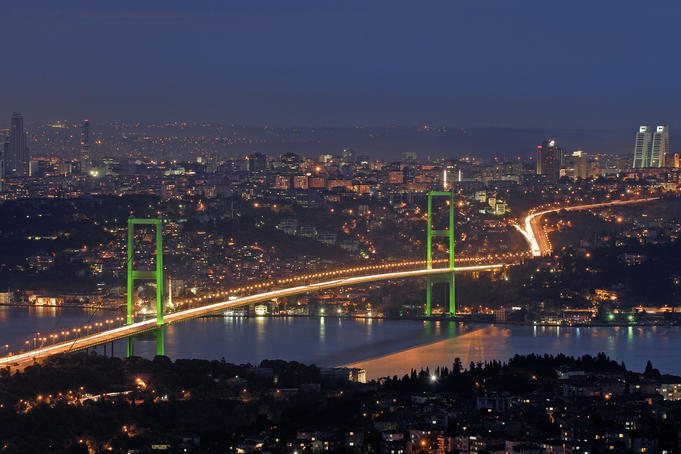 Illuminated Bosphorus Bridge in the evening.