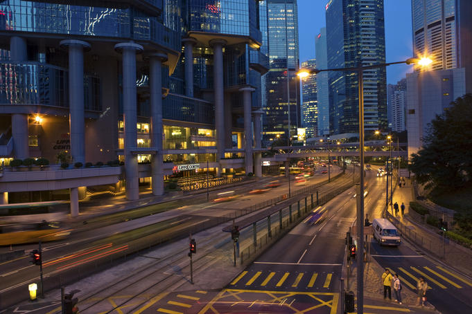 Central street scene, dusk.