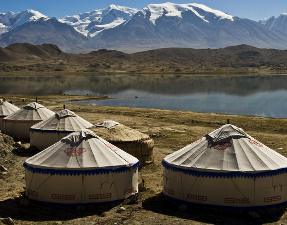 Yurts at Karakul Lake, Parmir Mountains, Karakorum Highway.
