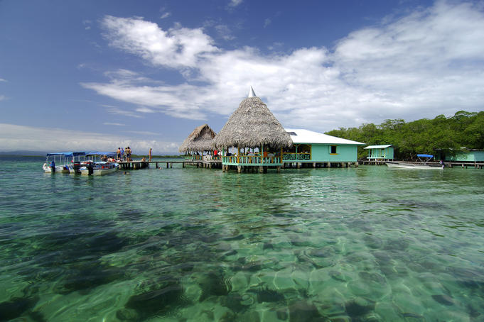 Restaurant on the tropical waters of Coral Key, Bastimentos Marine Park.