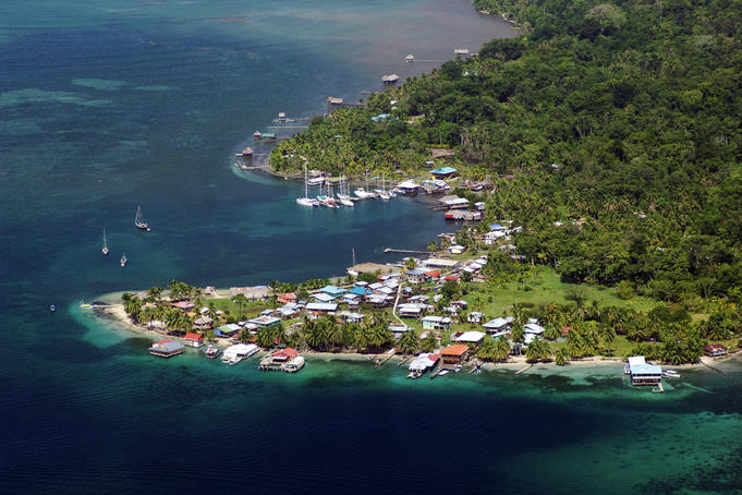 Aerial of Bastimentos village, Bastimentos Marine Park.