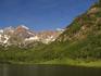 Maroon Lake trail with the Maroon Bells in the distance.