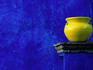 Yellow pot and blue wall.