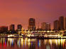 Rainbow Harbor and skyline.