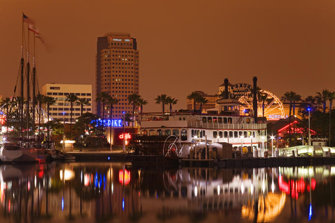 Rainbow Harbor and skyline.
