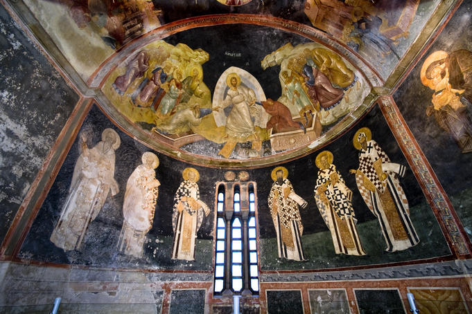 Interior of Chora Museum (Kariye Muzesi) featuring Byzantine mosaics and frescoes.
