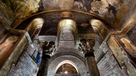Interior of Chora Museum (Kariye Muzesi) featuring Byzantine mosaics and frescoes.