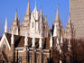 Assembly Hall and Salt Lake Temple inside Temple Square with world headquarters for Church of Jesus Christ of Latter-Day Saints in background.
