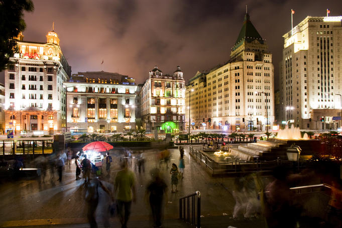 On the Bund at night.