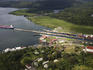 Aerial overlooking Gatun Locks, Panama Canal.