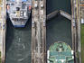 Aerial overlooking two vessels during manoeuvres in Gatun Locks, Panama Canal.