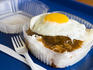 Disgusting to some, a loco moco (burger, rice, egg, gravy), at Cafe 100, Hilo, East Coast.
