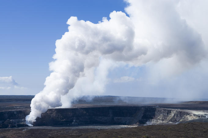View of Halema'uma'u Crater with recent vent, from Jagger Museum lookout, Crater Rim Drive, Kilauea Volcano, HAVO.