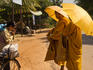 Woman receives blessing after offering alms to monks.