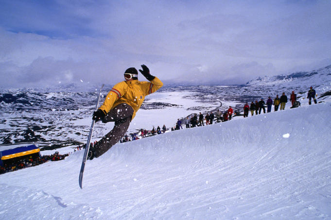 Snowboarding far above the Artic circle at Riksgransen, near the border with Norway.