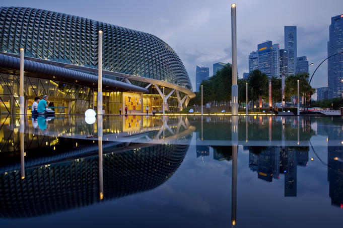 Reflection in pond near Esplanade Theatres on the Bay.