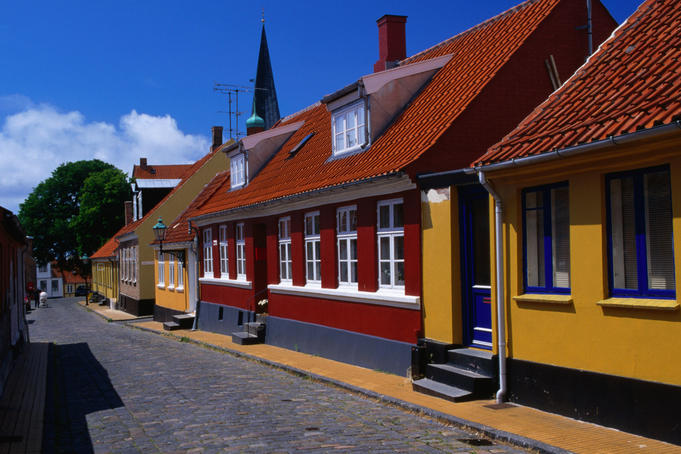 Colourful houses on Vimmerskaftet Street in Ronne.