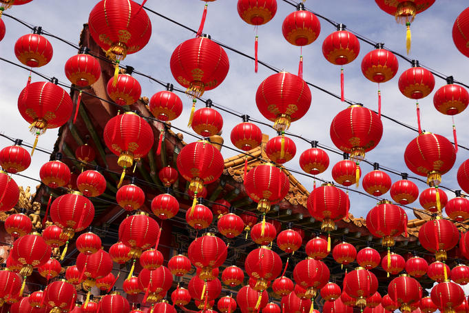 Rows of Chinese New Year lanterns hanging at Thean Hou Temple.