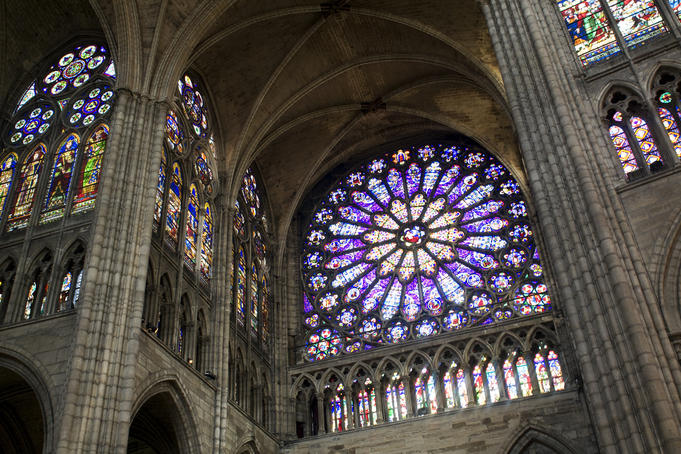 Stained-glass window interior of Saint Denis Basilica.