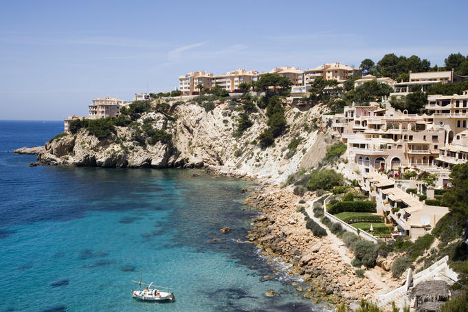 Sailboat and coastline, Santa Ponca, Mallorca