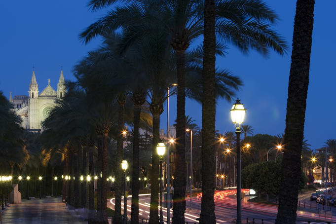 Passeig Maritim promenade and La Seu Palma Cathedral at night.