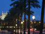 Passeig Maritim promenade and La Seu Palma Cathedral at night.