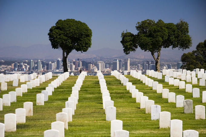 Row of headstones at Fort Rosecrans National Cemetery, Point Loma, looking towards downtown San Diego.