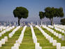 Row of headstones at Fort Rosecrans National Cemetery, Point Loma, looking towards downtown San Diego.
