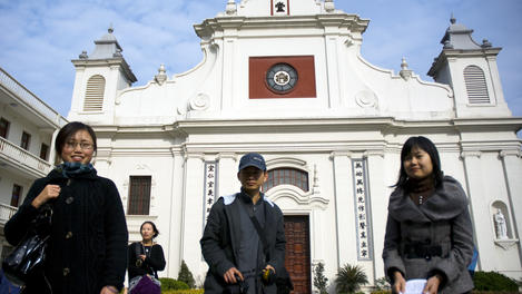 Young people outside Dongjiadu Cathedral.