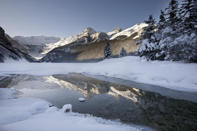 Lake Louise and surrounding mounatins in winter.