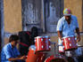 Musicians set up their instruments on the streets of Cayenne