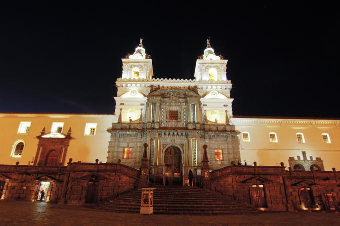 San Francisco Church facade, Centro Historico (Old town), at night.