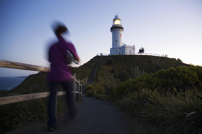 Cape Byron Lighthouse at dusk.