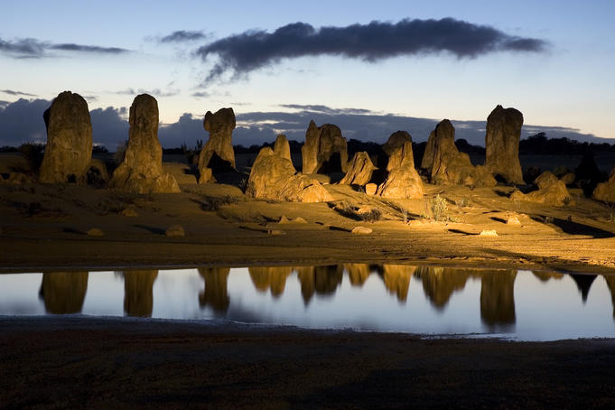 Limestone formations in Pinnacles Desert at dawn.