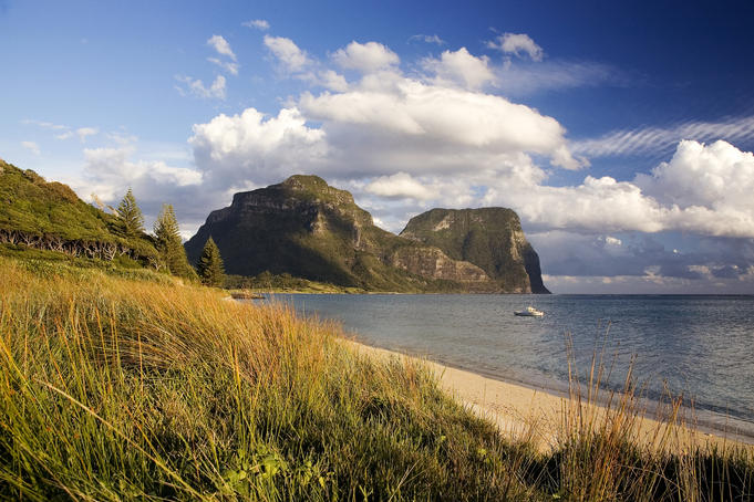 Lagoon Beach with Mount Lidgbird and Mount Gower in background.