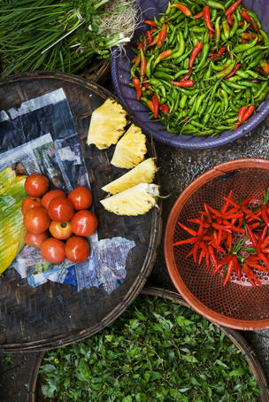 Chillies, tomatoes, pineapple and other produce for sale at the Central Market.