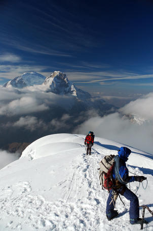 Climbers ascending Nevado Pisco, Cordillera Blanca region.