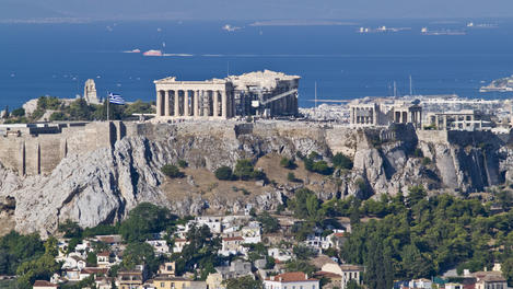 Parthenon, Acropolis hill and some houses of Anafiotika area as seen from Lykavittos Hill.