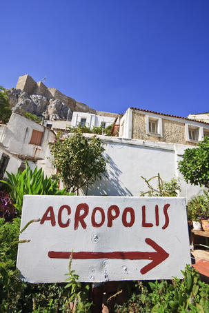 Sign in Anafiotika area showing the way to Acropolis.