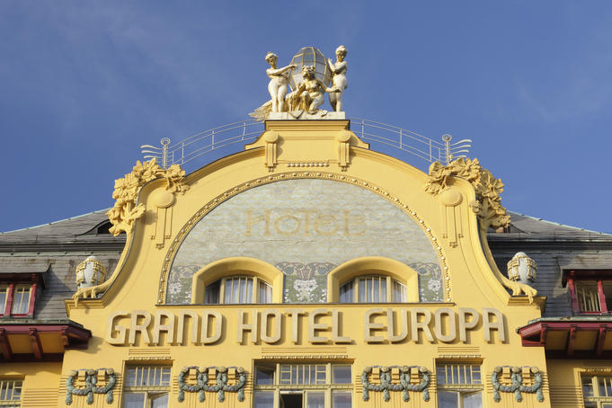 Facade of Art Nouveau Grand Hotel Evropva at Wenceslas Square.