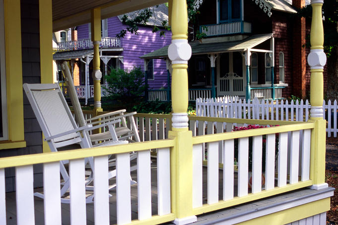 Gingerbread house verandah with rocking chairs, near Trinity Park.