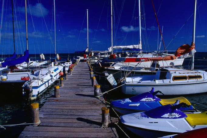 Jet skis and cruisers at the docks of Linda Beach in the resort town of Cancun, Quintana Roo, Yucatan