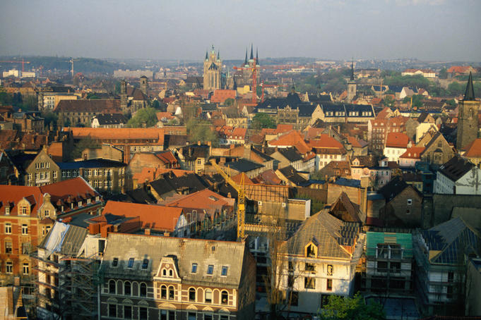 The roof-tops of Erfurt, with Dom St Marien, or St Mary's Cathedral, in the centre mid-ground.